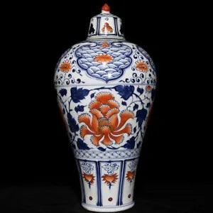 19.1" Old Antique Porcelain yuan dynasty Blue white red peony flower Pulm Vase