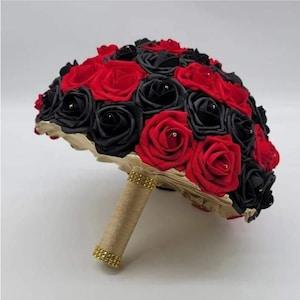 Red, Black, and Gold Bridal Bouquet Made With Real Touch Roses,Bridesmaid Bouquet,And Toss Boutonnieres and Corsages,Custom Colors Available