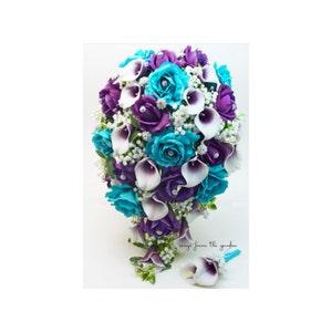 Cascade Bridal Bouquet - Rhinestones Purple Turquoise Roses - Add Groom Boutonniere Toss or Bridesmaid Bouquet Arch or Cake Flowers & More!