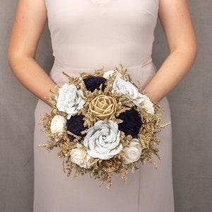 Gold ivory black wedding bouquet, boutonniere, corsage, wand, elegant retro wedding sola flowers, cedar rose dried flowers satin ribbon