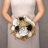 Gold ivory black wedding bouquet, boutonniere, corsage, wand, elegant retro wedding sola flowers, cedar rose dried flowers satin ribbon