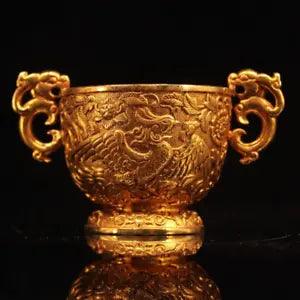 Chinese Fine Bronze Gilding Dragon and Phoenix Peony Flower Cup Collection