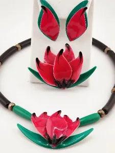 VTG PINK ENAMELED LOTUS WATER LILY BLOSSOM NECKLACE PIERCED EARRINGS  BROOCH SET