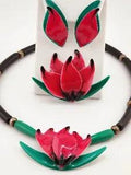 VTG PINK ENAMELED LOTUS WATER LILY BLOSSOM NECKLACE PIERCED EARRINGS  BROOCH SET