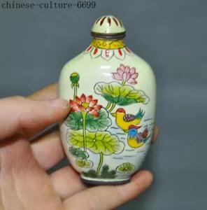 3'' Chinese bronze Cloisonne Peony flower lotus mandarin duck snuff bottle