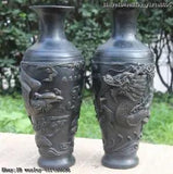 11 China Royal Bronze Copper Dragon Phoenix Peony Statue Flower Bottle Vase Pair
