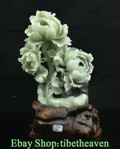 16" Chinese Natural Xiu Jade Carving Feng Shui Peony Flower Base Sculpture