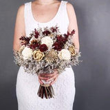Ivory burgundy gold and brown rustic wedding BOUQUET with sola flowers, dried flowers, pine cones and cedar roses, burlap and lace on stem