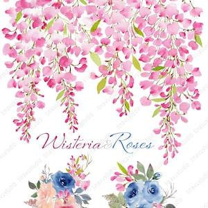 pink wisteria watercolor painting, blue rose bouquets, hand painted flower clip art, watercolor art, DIY invitations, watercolor flowers
