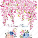 pink wisteria watercolor painting, blue rose bouquets, hand painted flower clip art, watercolor art, DIY invitations, watercolor flowers