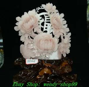 16" Fine China Natural Xiu Pink Jade Carve Peony Flower Tree ??? ?? ??? Word Statue