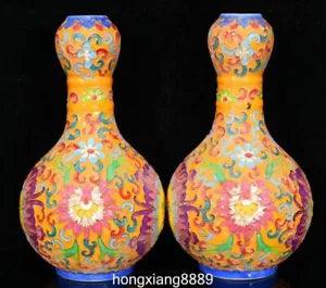 9" Old China Enamel Porcelain Dynasty Palace Peach Peony Flower Bottle Vase Pair