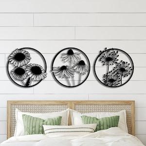 Flowers Metal Wall Decor Set of 3, Metal Wall Art, Sunflower Art, Honeysuckle Art, Chamomile Art, Above Bed Decor, Metal Wall Hangings