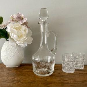 Vintage Whisky Wine Decanter | Etched Floral Sunflower Pattern | Decanter with Handle Barware