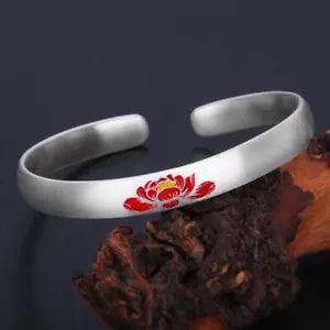 S999 Fine Silver Women Bracelet Enamel Peony Flower Cuff Bangle 7mmW 28-32g