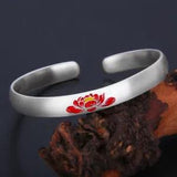 S999 Fine Silver Women Bracelet Enamel Peony Flower Cuff Bangle 7mmW 28-32g