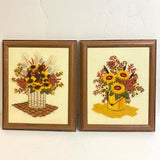 Vintage floral framed crewel embroidery set of 2 sunflower and daisy bouquets retro colours wall hanging boho chic farmhouse decor