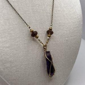 Vintage Inspired Lavalier Necklace - Upcycled Vintage Necklace - Vintage Glass Beads - Amethyst Point Drop Pendant - Brass Wire Wrapped