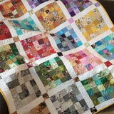 Scrappy patchwork lap quilt in multi colors, twin bed quilt, single bed topper, sunflower quilt, handmade and longarm quilted with feathers