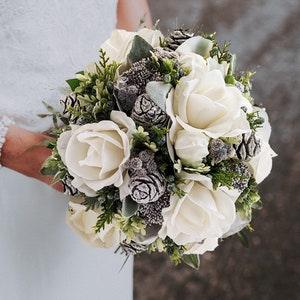 Winter Wedding Bridal Bouquet Evergreens Silver Grey White Bouquet Eucalyptus Pine Cones Real Touch Roses - add Boutonniere Corsage & More!