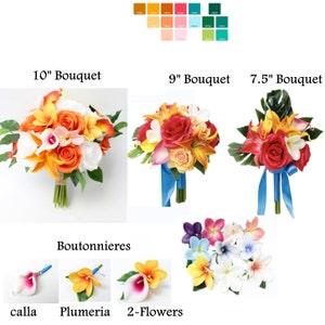 Tropical wedding bouquet boutonni¡§¡§re corsage- real touch Plumeria Lily Calla silk rose tropical Begonia Orange Blush
