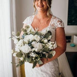 Artificial Ivory White Flower Bouquet, Faux Ivory Dusty Blue Bridal Flower Bouquet, Faux Wedding Flower Bouquet, Ivory Bridal Bouquet