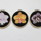 Set of Three Hand Embroidered Multi-Color Orchids Wall Art, 4" Embroidery Hoop  Wall Hanging