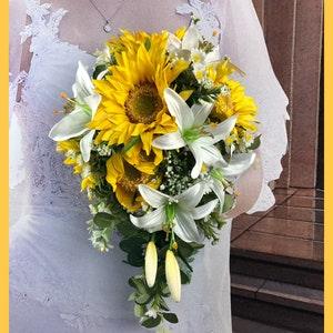 White Lily Bridal Bride's Bouquet, Sunflower and Lily Bridal Flowers, White Lily and Sunflower Wedding Flowers, Lily Bride's Bouquet