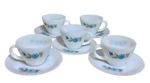 Vintage Fire King 5 Sets Cup and Saucer Bonnie Blue Carnation Flowers Retro MCM