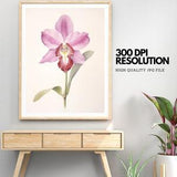 Pink Orchid Plan Printable, Minimalist Orchid Print, Floral ?llustration, Botanical Wall Art, Plant Leaf Prints, Vintage Painting,Room Decor