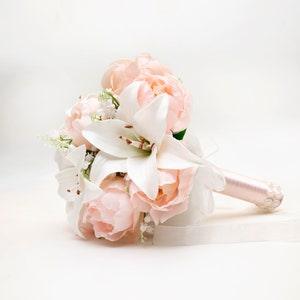 Wedding bouquet White Tiger Lily, Blush Peonies and Lilies of the Valley flowers, bridal bouquet, wedding wrist corsage and boutonniere set