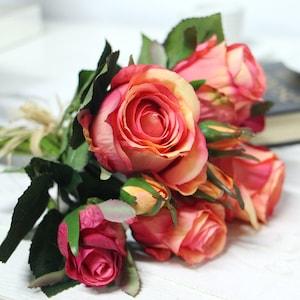 Luxury Silk 9 Rose Bouquet in Orange Red 11" Tall