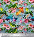 Soimoi Blue Cotton Poplin Fabric Birds|Leaves & Lily Flower Print-RTe