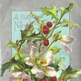Holly and Wild Roses Bouquet Antique New Year??s Postcard 1910 Silver Background and Beautifully Embossed