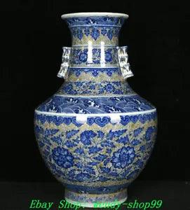 13" Qianlong Marked Blue White Porcelain Peony Flower Pattern 2 Ears Vase Bottle