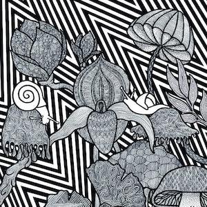 MUSHROOM SNAIL DRAWING Pattern Art, Line Drawing A4, Art Printing, Handmade Mushroom Art Print,Black & White drawing -  High And Mighty