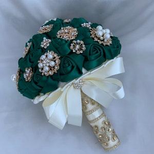 Brooch Bouquet, Bottle Green Jewelled Wedding Bouquet, Satin Rose Bridal Bouquet, Artificial Wedding Flowers, Brides Jewel Posy, FL34