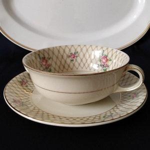 Old Epiag Basket Soup Cup. Floral decorated handle Soup bowl with rose bouquets, basket decor and golden edge