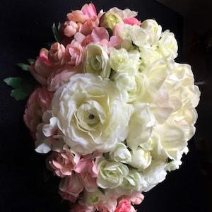 Quick Ship - Cascading Bride's Bouquet in Pink and White Ombr¡§? Roses, Peony, and Ranunculus