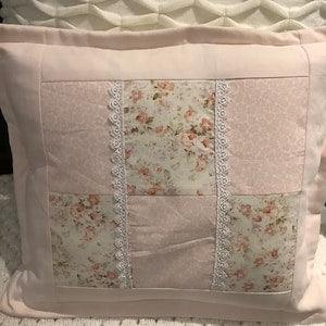 Eyelet lace Shabby Chic pink / peach  rose bouquet framed with vintage damask Hand made Pillow