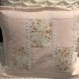 Eyelet lace Shabby Chic pink / peach  rose bouquet framed with vintage damask Hand made Pillow
