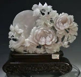 15" 100% Natural Pink Xiu jade Carved Jade Fengshui Peony Flower Wealth Statue