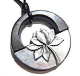 CARVED WOOD LOTUS PENDANT silver circle water lily boho yoga mystic necklace 6Z