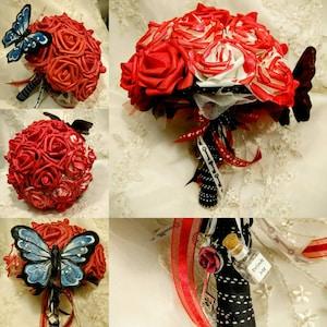 Tim Burtons "Alice in Wonderland" inspired bouquet with Absolam butterfly, charms, & a Cheshire Cat embellishment ~ Multiple sizes available