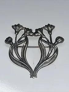 Vintage Unmarked Sterling Silver Flower Brooch Lilies Floral Open Work AL4.3