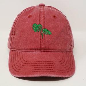 Monstera Embroidered Tropical Plant Green Leaf Baseball Cap, Washed Cotton Curve Brim Summer Hat