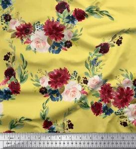 Soimoi Yellow Cotton Poplin Fabric Ranunculus & Penoy Floral Print-sCj