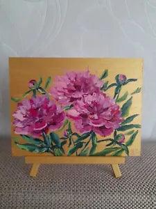 pink peonies oil painting, pink peonies on golden background,flower oil painting