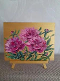 pink peonies oil painting, pink peonies on golden background,flower oil painting