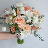 12" Artificial Peach White Bridal Bouquet, Real Touch Faux Roses, Eucalyptus, Lilies, Fake Flowers Wedding Bouquet, Centerpieces, Floral